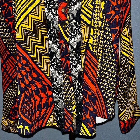 Anthropologie Anthro SKIES ARE BLUE Abstract Sheer Lace Button Up Shirt Top - L - Picture 4 of 10